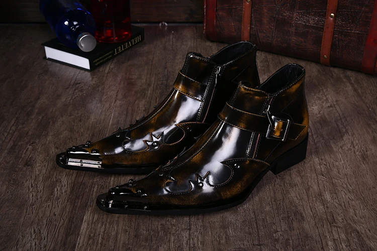 

Fashion Mens Pointed Toe Dress Patent Leather Boots Buckle Strap Rivets Ankle Boots Wedding Boots