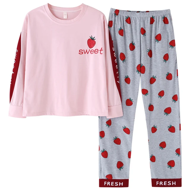 cute strawberry print pyjamas women o neck pajamas sets spring cotton ...