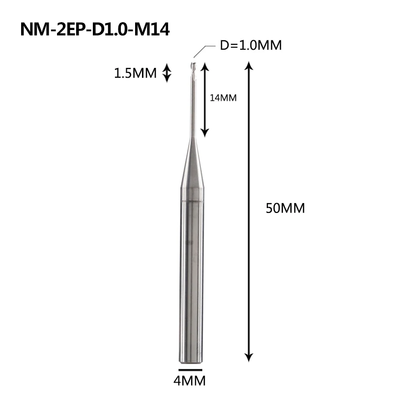 NM-2EP Вольфрамовая сталь 2 Флейта квадратная длинная шея с покрытием Концевая фреза Фрезерный резак режущие инструменты для меди и алюминиевого сплава - Длина режущей кромки: NM-2EP-D1.0-M14