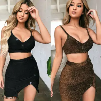 

2pcs Sexy Women's Button Bodycon Crop Top Playsuit Summer Club Party Sleeveless Tight Short Skirt