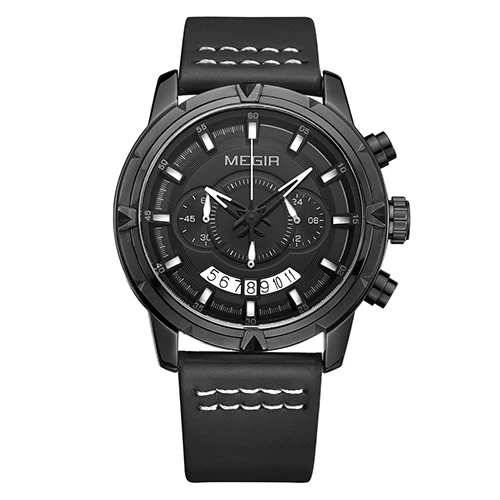 MEGIR спортивные мужские кварцевые часы, многофункциональные модные наручные часы с хронографом, мужские часы с кожаным ремешком 2047 - Цвет: Black case