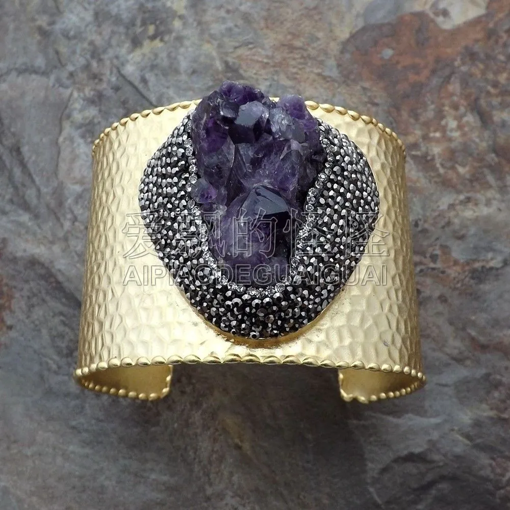 

BR112207 Natural Purple Abmethyst Druzy Bangle Bracelet