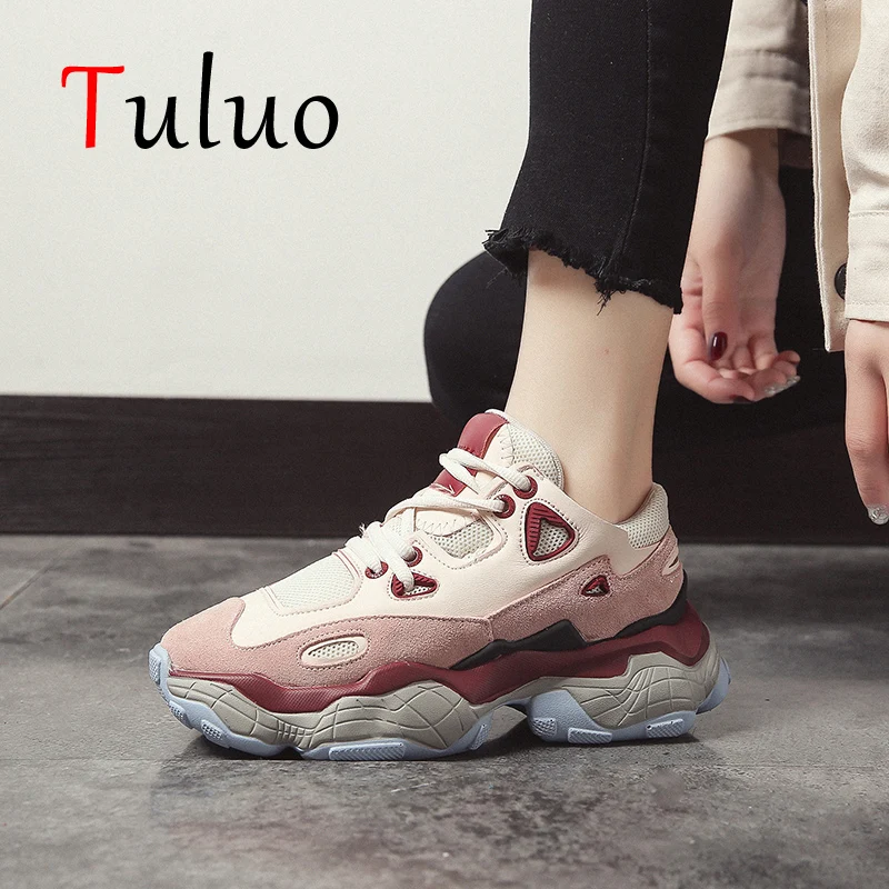 

TULUO 2019 Running Shoes For Women White Fashion Chunky Sneakers Platform Mesh Athletic Breathable Female Sport Shoes Size 35-40
