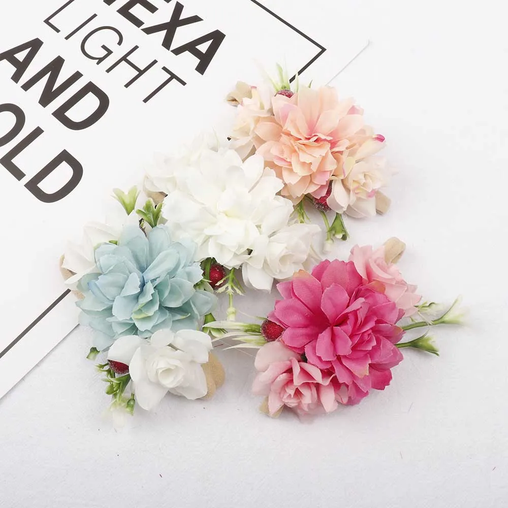 

AHB Lovely Floral Elastic Head Band for Baby Girls Summer Newborn Nylon Headwraps Fake Flowers Photography Props Kids Headwear