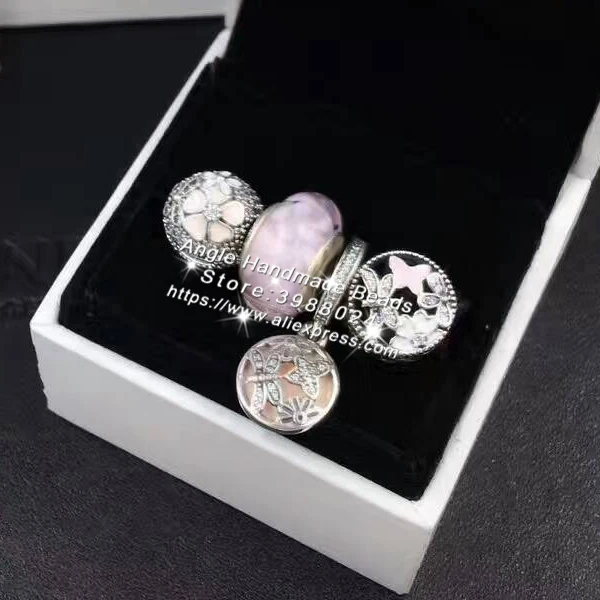 

4pcs Fashion S925 Silver Spring Enamel Flower Clip Charms Beads Jewelry Set Fit Bracelet Necklaces Jewelry Making Woman Gift