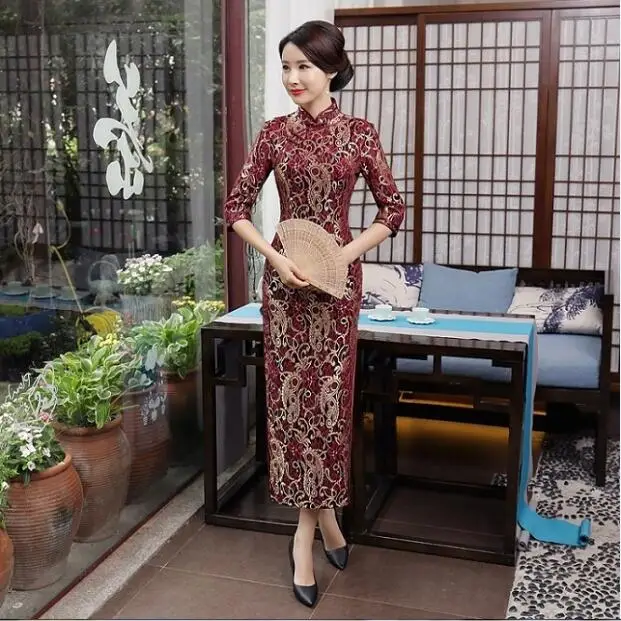 Традиционный китайский Кружево платье Для женщин Длинные Cheongsam Sz S-3XL - Цвет: Red A