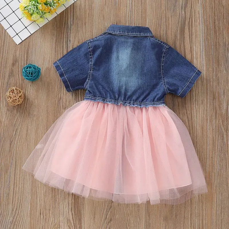 Деним Платье для маленьких девочек Малыш Повседневное сетчатые платья От 0 до 4 лет Повседневное новорожденных платье из джинсовой ткани