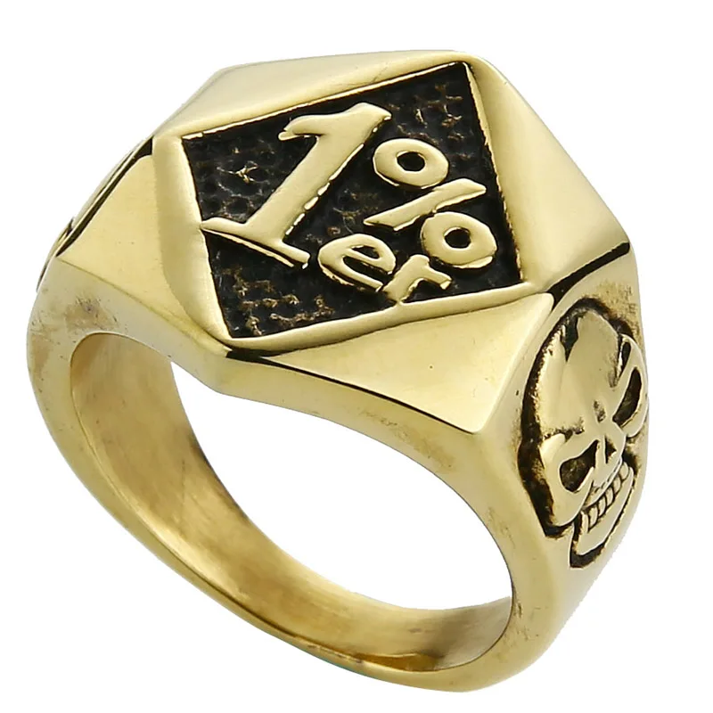 

Valily Men's 1%ER Vintage Ring Stainless Steel Punk Skull Golden Ring Motorcycle Biker Style Rings for Men ,US Ring size 7--14