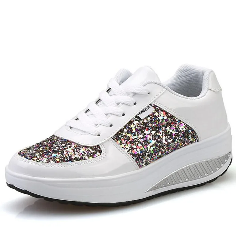 

YeddaMavis Women Shoes Women Sneakers 2019 Spring New Fashion White Lace Up Casual Shoes Sequins Womens Shoes Woman Dance Shoes