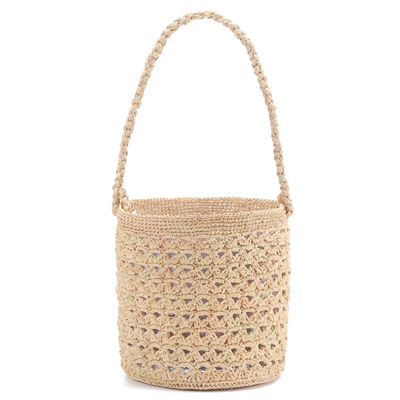 

LJL-French Style Bucket Bag Fashion Straw Bag For Women Popular Beach Bag Summer Woven Tote Ladies Cute Travel Clutch