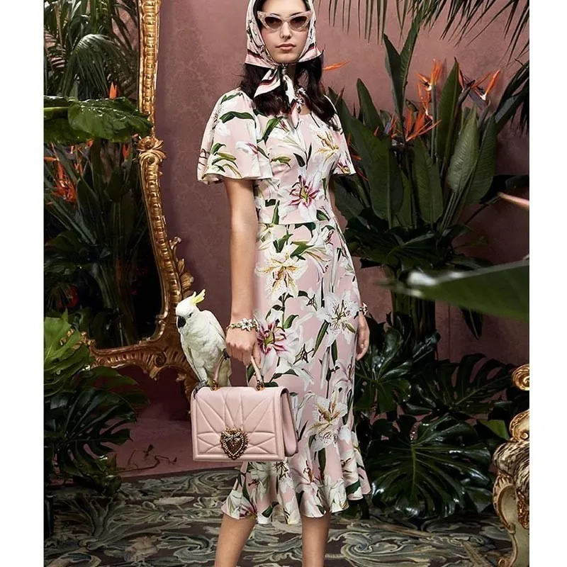 

SE Summer Women Silk Floral Dress Butterfly Sleeve Lily Print Elegant Mermaid Embroidery Dresse Fashion Holiday Runway