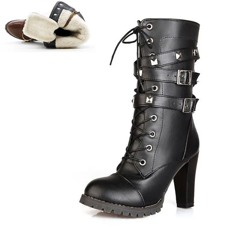 SARAIRIS/мотоботы с заклепками в стиле панк размера плюс 33-48, женские зимние меховые ботиночки, Женская Осенняя обувь на платформе и высоком каблуке - Цвет: black add fur 1