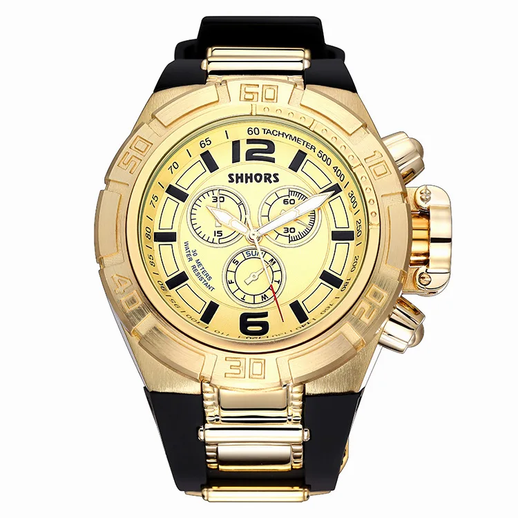 Billig SHHORS Marke Sport Military Watch Große Zifferblatt Armee Uhr Gummiband Luxus Goldene Uhren Männer Gold Männliche Uhr Relogio Masculino