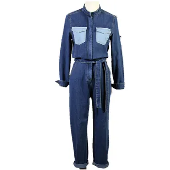 

Denim Overalls Women 2019 spring Long Sleeve stand collar High Waist Jeans Bodysuit Romper Jumpsuit