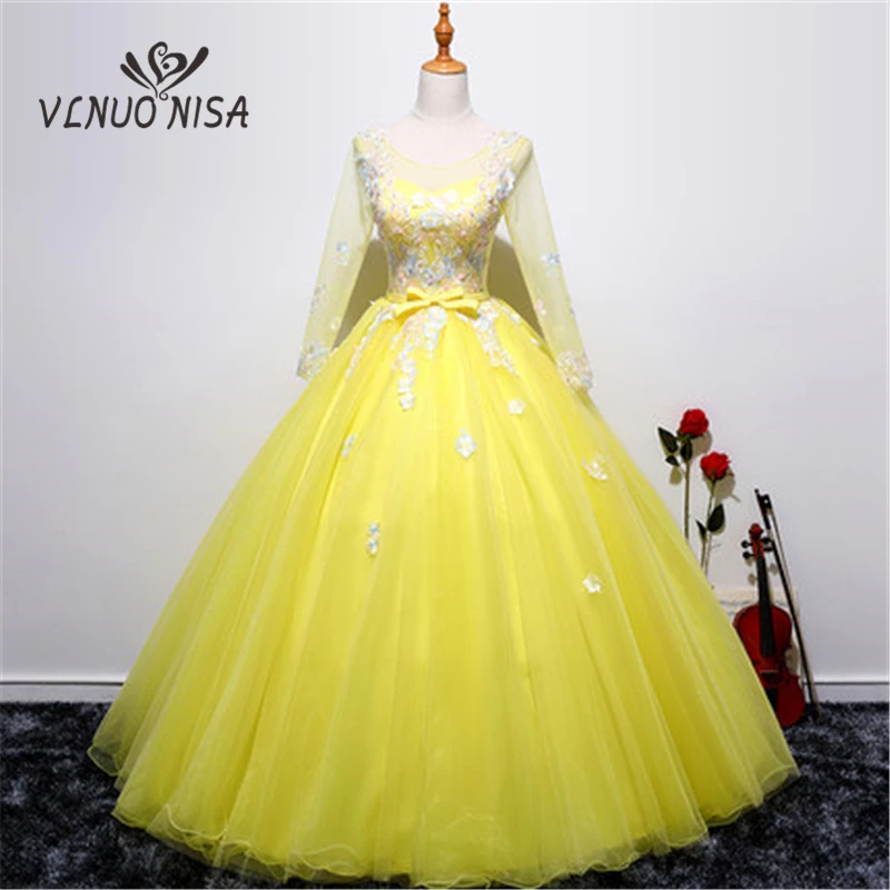 

2018 Sweet Evening Dress Full sleeve Illusion Sexy Ball Gown Stereo Flowers Embriodery Bow Elegant Women Formal Occasion Vestido