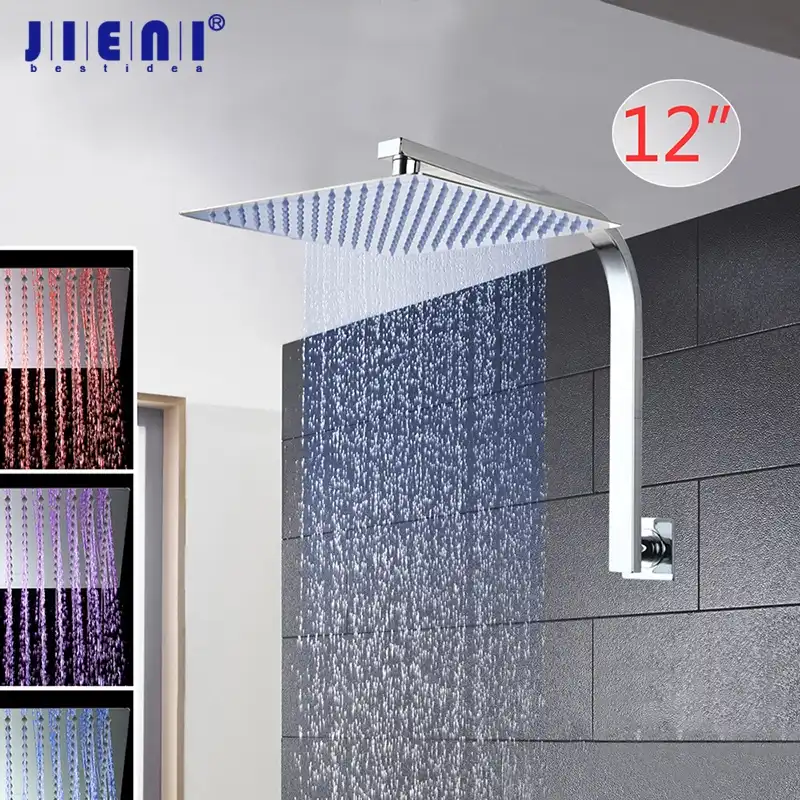 Shower Head 12-Inch LED Chrome Square Rain Sprayer Bath Shower Faucet with Arm