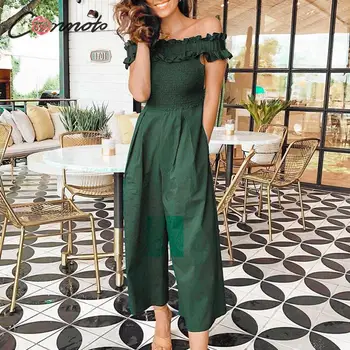 

Conmoto Women 2019 Fashion Off Shoulder Jumpsuit Female Casual High Waist Ruffle Long Romper Mujer Chic Solid Color Slim Jumpsut