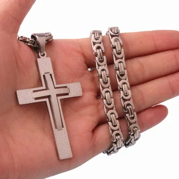 

Fashion Male Cross Pendant Silver Color Stainless Steel Jesus Cross Pendant Byzantine Link Chain Necklace Jewelry For Men