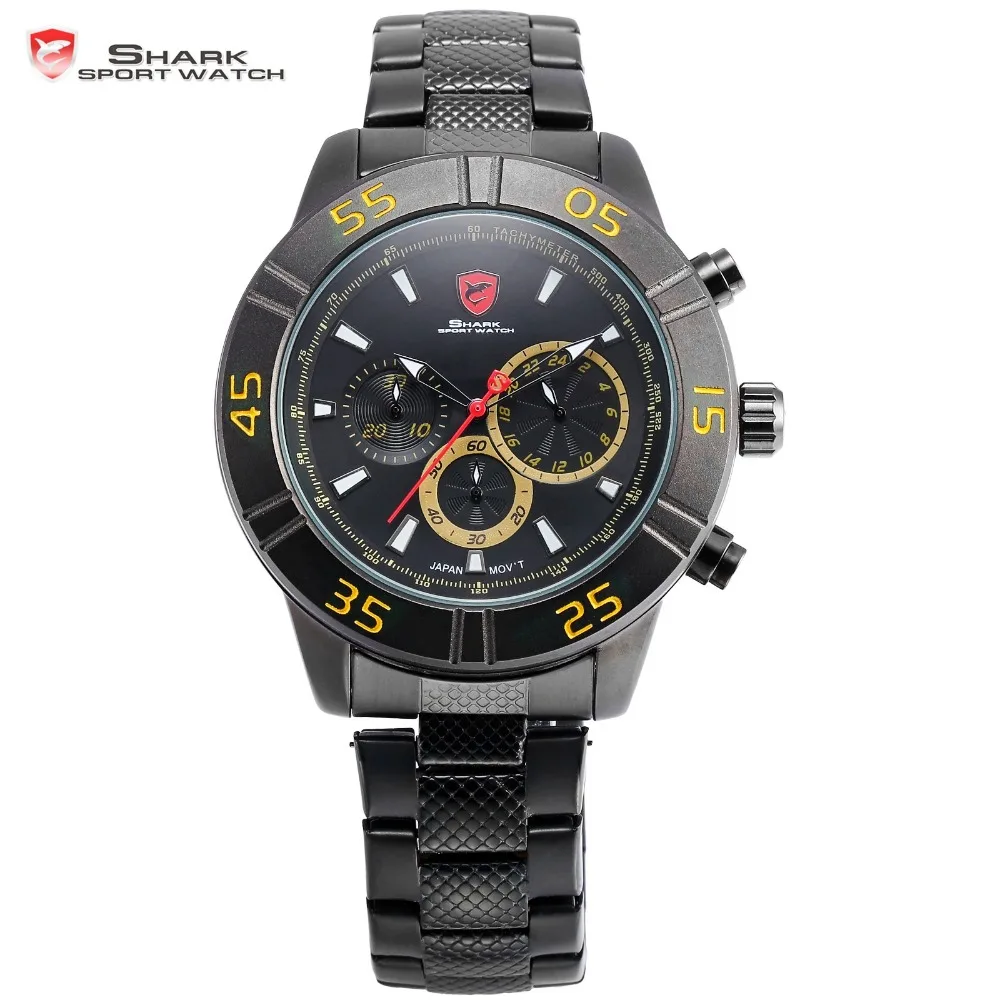 

Sandbar Shark Sport Watch 24 Hours Chronograph Black Stainless Steel Band Yellow Numbers Quartz Mens Running Wristwatch / SH304