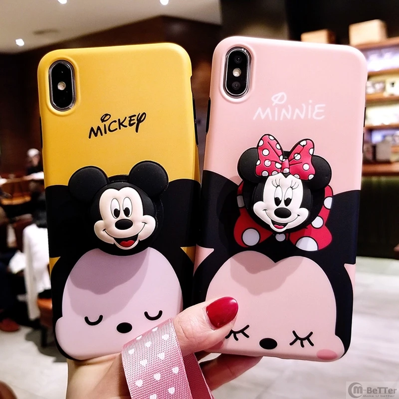 For iPhone X/XS Max XR case cute Mickey mouse for iPhone 6 6s+ cartoon Minnie soft silicone cover 7/8 plus+ airbag holder+ strap