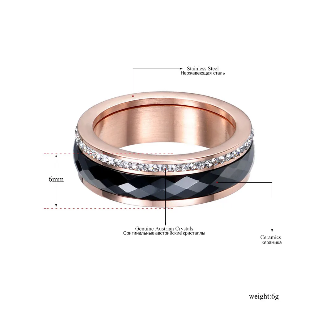 JeeMango Классическая титановая сталь черная керамика кольца ювелирные изделия Золото Цвет кубический цирконий обручальное кольцо для женщин R18013