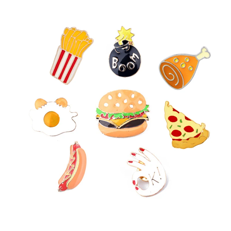 

Cartoon Fast Food Brooch French Fries Eggs Hot Dog Hamburger Kid Metal Badges Enamel Pin Hat Shirts Lapel Pins Women Men Jewelry