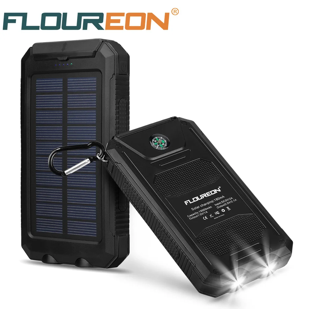 Floureon 10000 mAh солнечная панель водонепроницаемый банк питания двойной USB зарядное устройство с 2 светодиодный свет