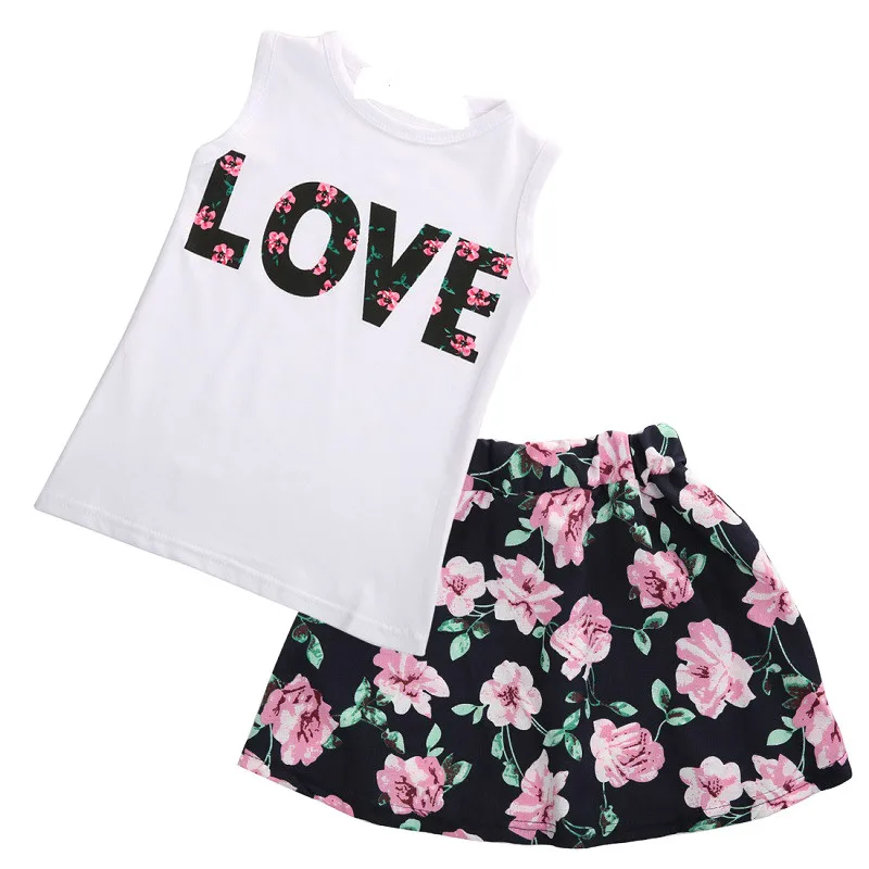 2017 г., лидер продаж, летний модный жилет для маленьких девочек, футболка Топы, юбка с цветочным рисунком, одежда, комплект из 2 предметов