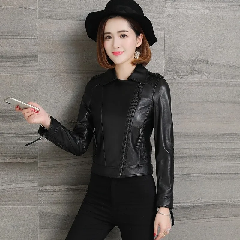 Plus Size M-3XL Black Moto Biker Genuine Leather Montone Jacket Zipper Short Fashion Real Leather Sheepskin Coats Women Clothes Plus Size M-3XL Black Moto Biker Genuine Leather Montone Jacket Zipper Short Fashion Real Leather Sheepskin Coats Women Clothes