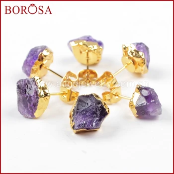 

BOROSA Raw-Amethysts Earrings Natural Purple Crystal Gold Studs Earrings Jewelry for Women G1151