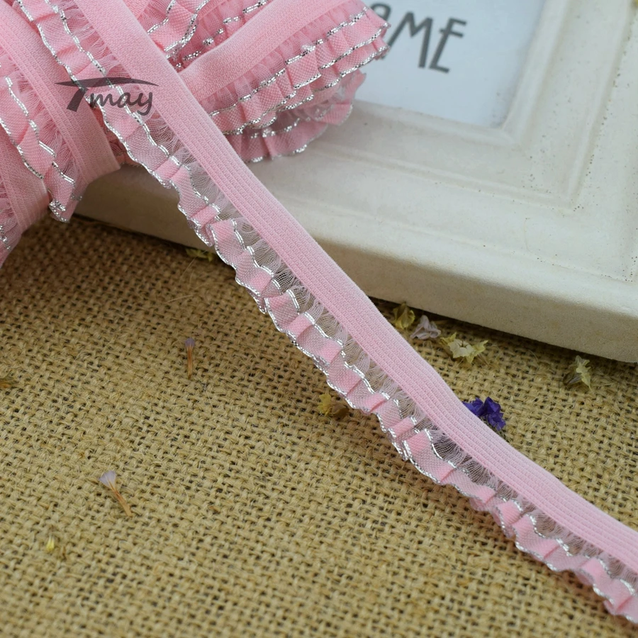 243 розовый+ серебряный край гофрированные Кружева отделка 16 мм 6 ярдов/партия украшают детская одежда юбки пояс резинка для волос тесьма
