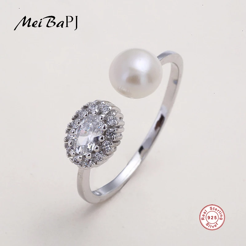 

[MeiBaPJ]Design Personality Colour Zircon Ring Natural Freshwater Pearl Jewelry 925 Sterling Silver Adjustable Ring for Women