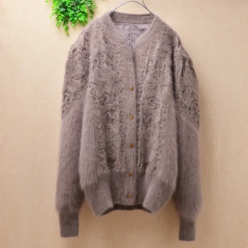 

Female women plush top quality loose angora rabbit fur vintage hollows cardigans long sleeves hand knitted wool sweater coat