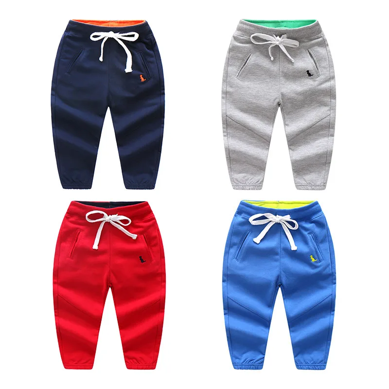 

2018 Spring Autumn 2-10T Years Solid Color Cotton Animal Embroidery Drawstring Child Baby Kids Boys Sports Long Trousers Pants