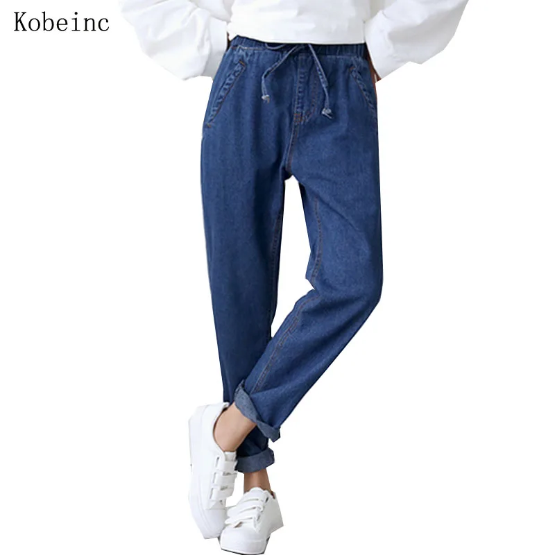 

2017 Spring Loose Harem Jeans for Women Solid Natural-waisted Female Denim Trousres Large Size Jeans Femme Pockets Bandage Pants