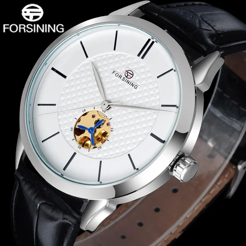 

2017 FORSINING popular brand simple automatic self wind watch skeleton white dial transparent back case genuine leather band