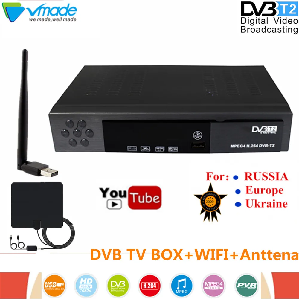 Vmade DVB T2 8902 digital Terrestrial TV receiver DVB T2 tv box supports Youtube H.264 with WIFI Dongle + TV Antenna set top box