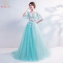 Walk Beside You, мятно-зеленые платья для выпускного вечера, кружевные вечерние платья с v-образным вырезом и коротким рукавом с аппликацией и шлейфом, Vestido De Graduacion