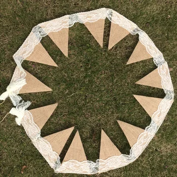 

White Lace Wedding Banners Linen Pulling Flag Simple Beige Bow Hanging Flags For Wedding Party Accessories Decor Supplies