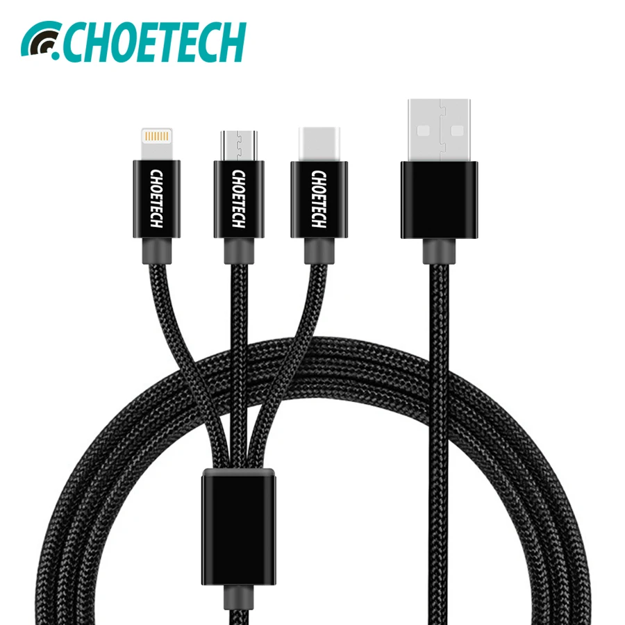 

10PCS CHOETECH 3 in 1 Usb Cable Multiple Charging Micro Usb Type C Cable 3in1 Mobile Phone USB Cables For iPhone samsung xiaomi