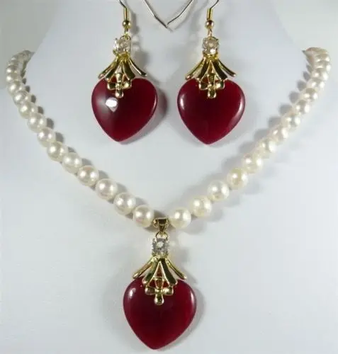 

Prett Lovely Women's Wedding charm 7-8mm white pearl necklace 17"& red heart stone earring pendant