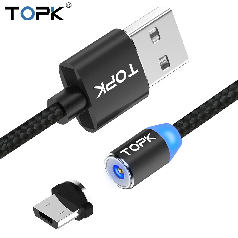 TOPK R-Line2 светодиодный индикатор Магнитный Micro USB кабель, Модернизированный нейлоновый Плетеный Магнитный кабель для зарядки Microusb для Micro USB порта