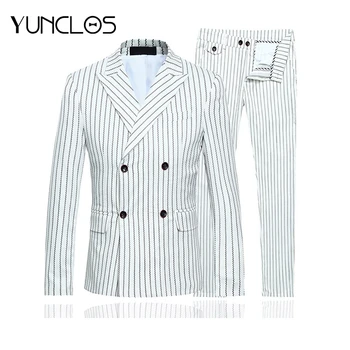 

YUNCLOS Men Suit 3 Pieces Double Breasted Suits White Striped Tuxedo Wedding Suits for Men Slim Fit Plus Size 6XL