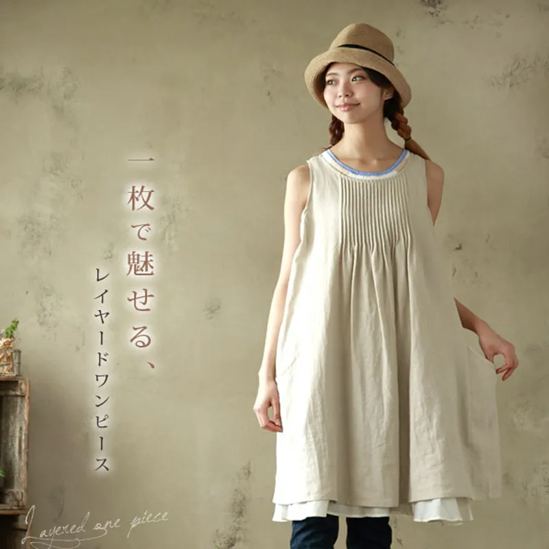 Japan Harajuku Style Solid Cotton Linen Tank Dress Mori Girl Casual