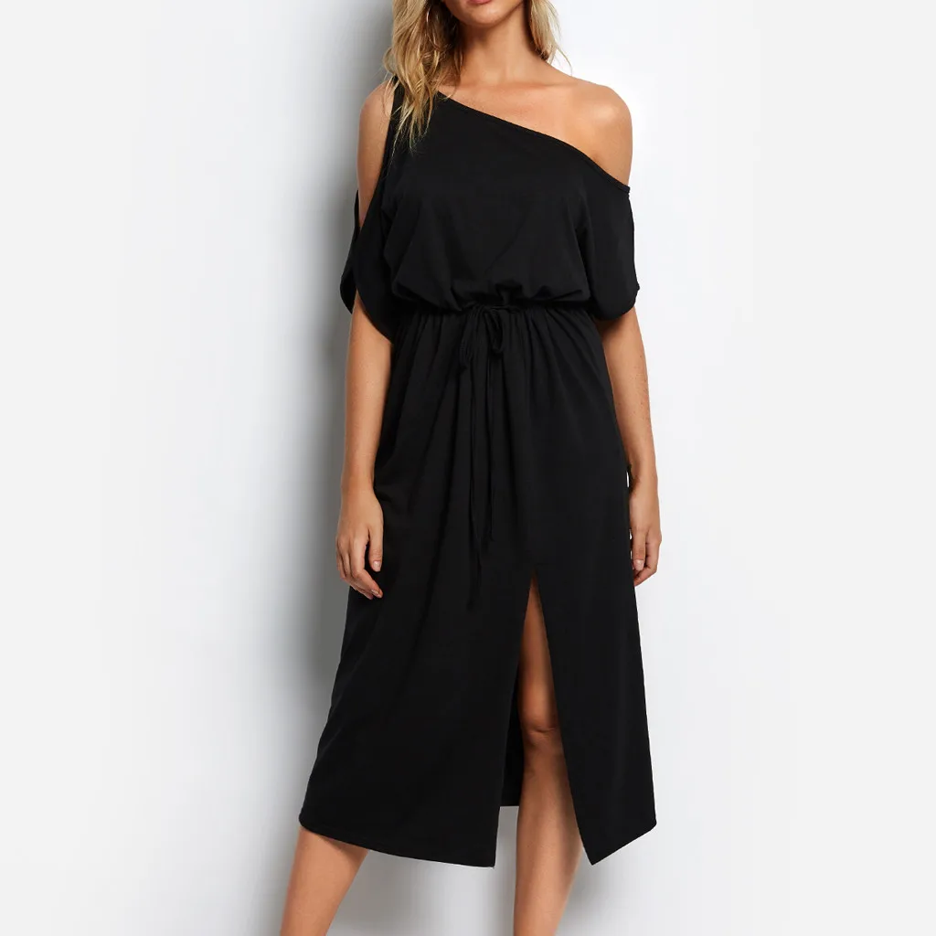 

2019 Women Vestidos Solid One Shoulder Short Sleeve Collect Waist Bandage Open Fork Dress Vestidos De Verano Clothes Robe Femme