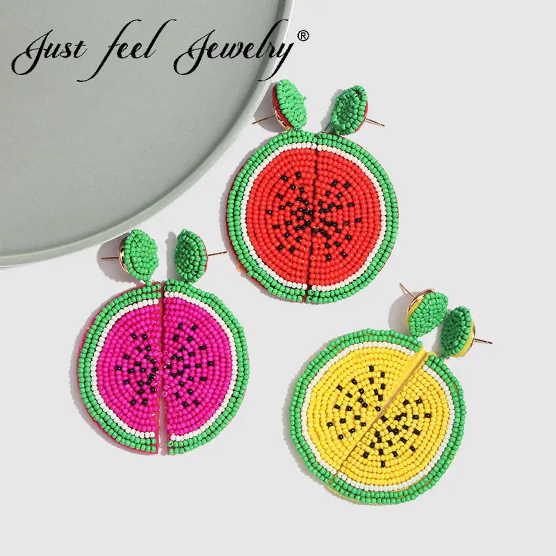 

JUST FEEL Boho Fruit Watermelon Shape Beads Drop Dangle Earrings Handmade Red And Yellow Earrings Female Wedding Pendant Jewelry