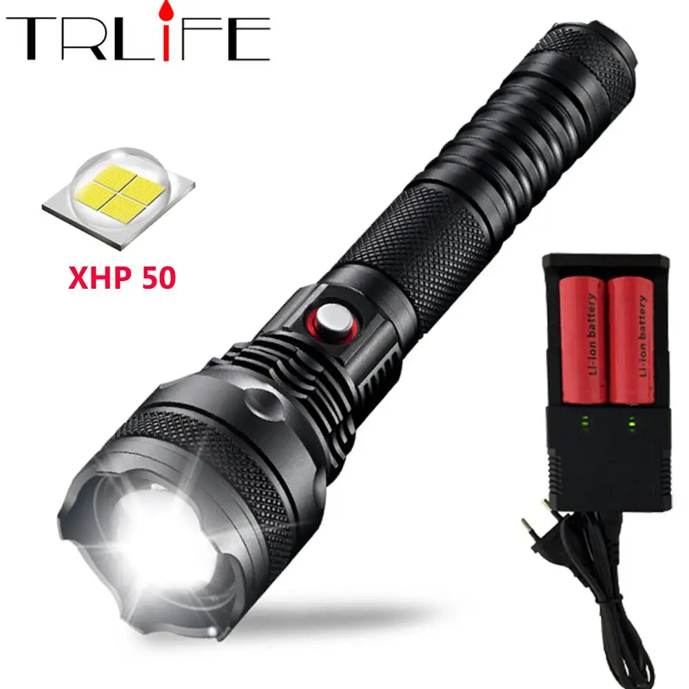 

48000LM LED Flashlight Searchlight XHP50 Powerful Flashlights Flash Light Self-Defense LED Torch By 2*26650 Battery For Camping