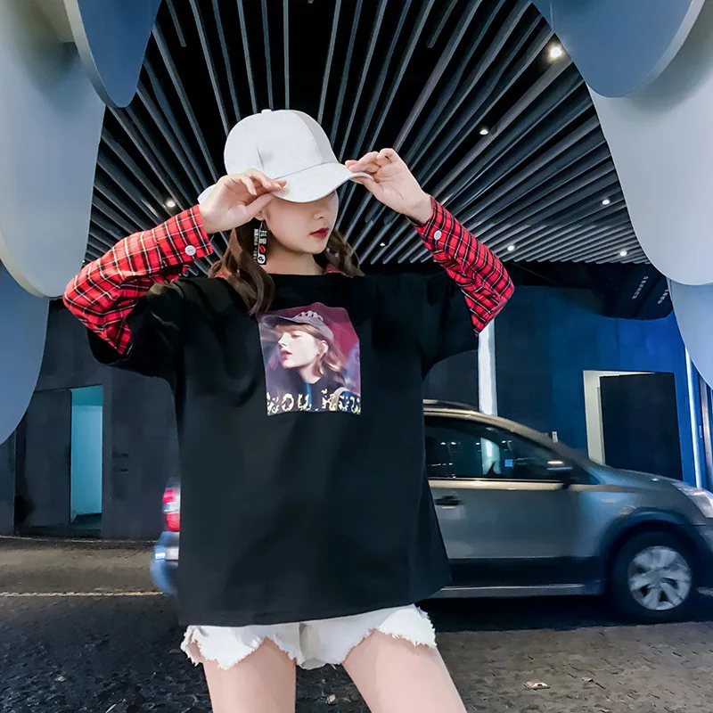

Korean Plaid Patchwork T Shirt Women Streetwear Top Tee 2019 Long Sleeve O-neck T-shirt Women Causal Harajuku T Shirts