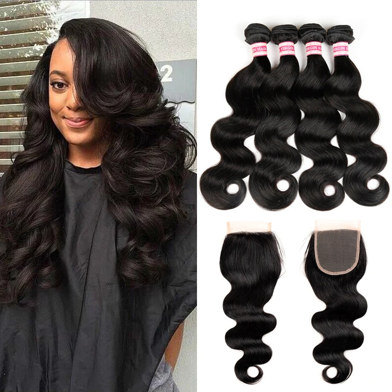 Brazilian Virgin Hair With Closure Body Wave Human Hair Weave Bundles Mink Brazilian Hair Brazilian Body Wave With Lace Closure