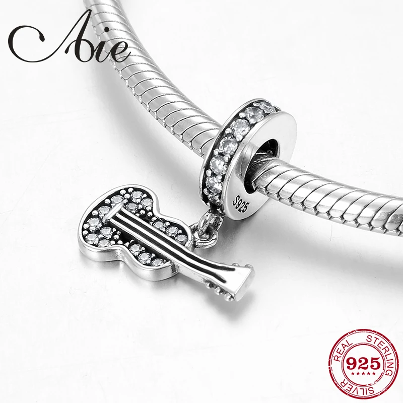 

New gorgeous Musician guitar shape 925 Sterling Silver clear CZ fine Beads Fit Original Pandora Charm Bracelet Jewelry making